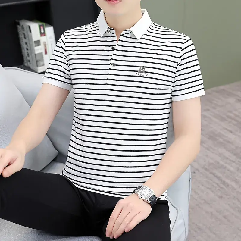 Men Striped Polo T-Shirt with Half Sleeve Lapel - Image 9