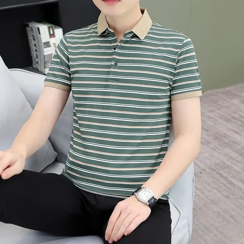Men Striped Polo T-Shirt with Half Sleeve Lapel - Image 10