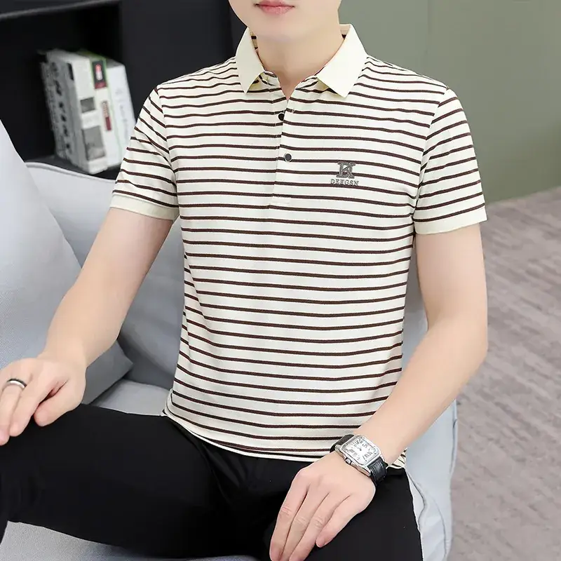 Men Striped Polo T-Shirt with Half Sleeve Lapel - Image 3