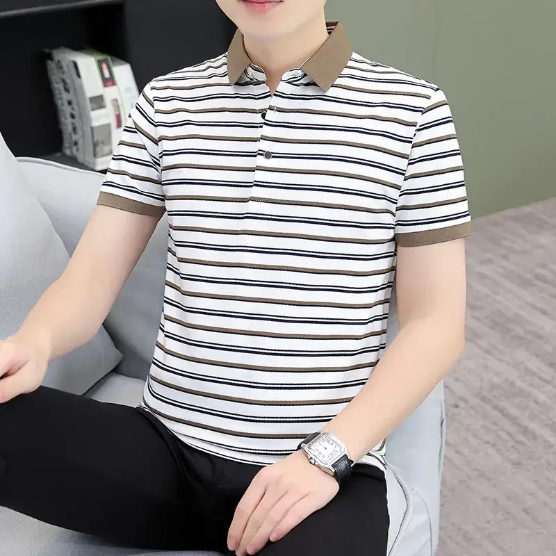 Men Striped Polo T-Shirt with Half Sleeve Lapel - Image 4