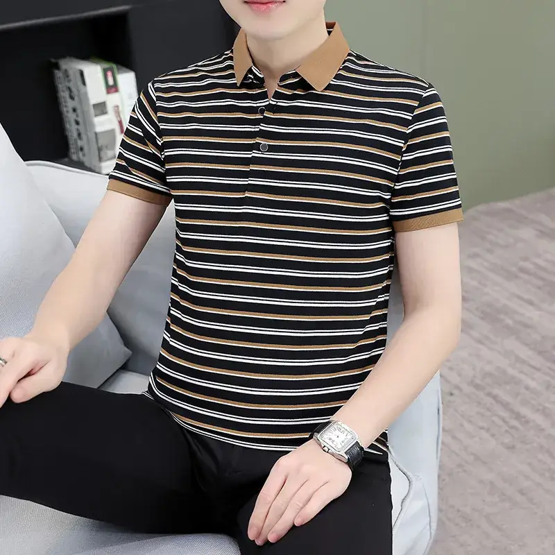 Men Striped Polo T-Shirt with Half Sleeve Lapel - Image 5