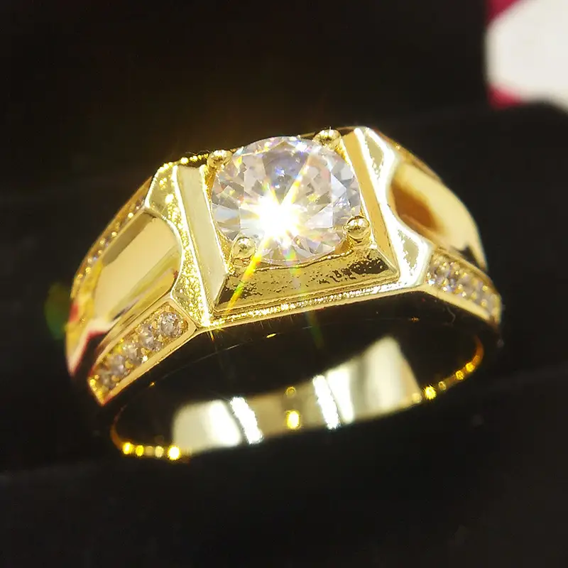 Gold Plated Men's Diamond Ring White Copper Fadeless Double Row - Image 3