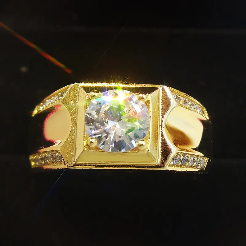 Gold Plated Men's Diamond Ring White Copper Fadeless Double Row - Image 4