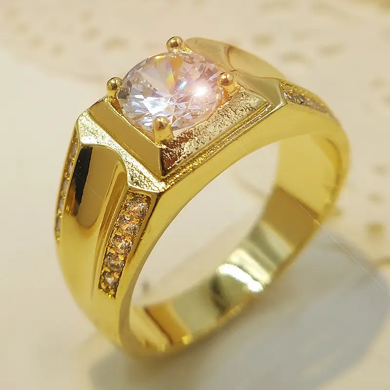 Gold Plated Men's Diamond Ring White Copper Fadeless Double Row - Image 5