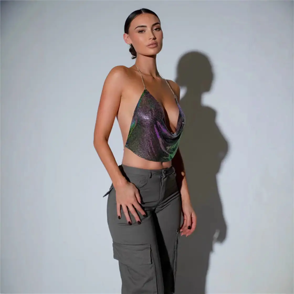 Golden Sequin Backless Halter Strap Top - Image 20