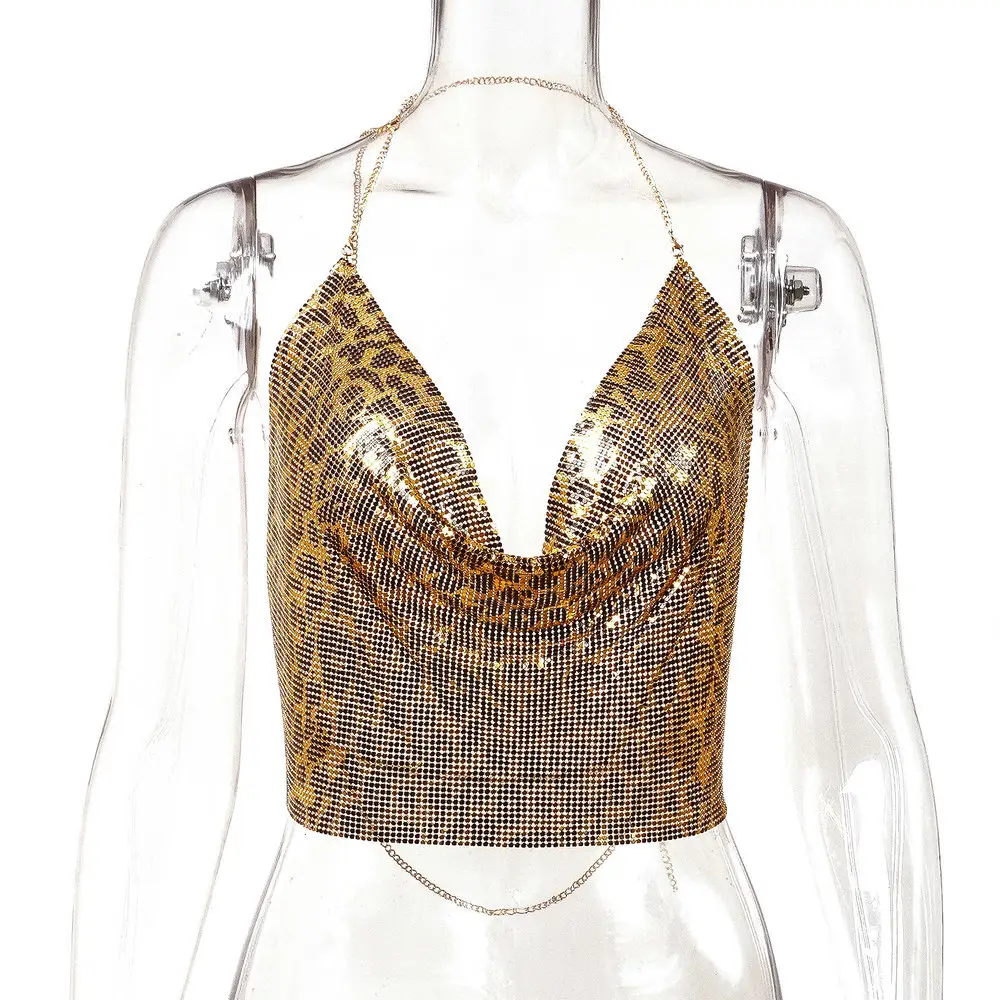 Golden Sequin Backless Halter Strap Top - Image 11