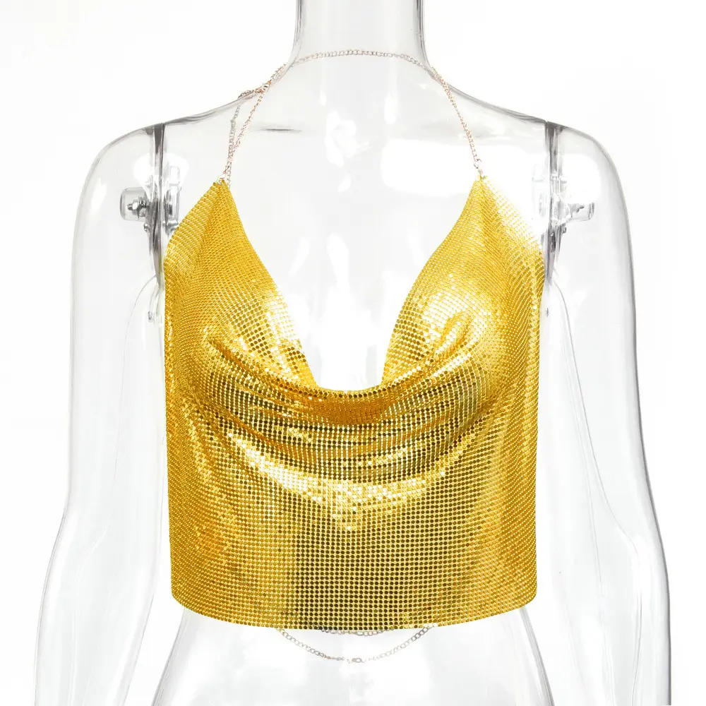 Golden Sequin Backless Halter Strap Top - Image 13