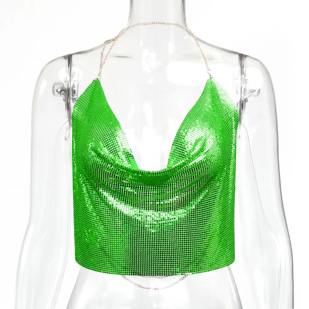 Golden Sequin Backless Halter Strap Top - Image 2