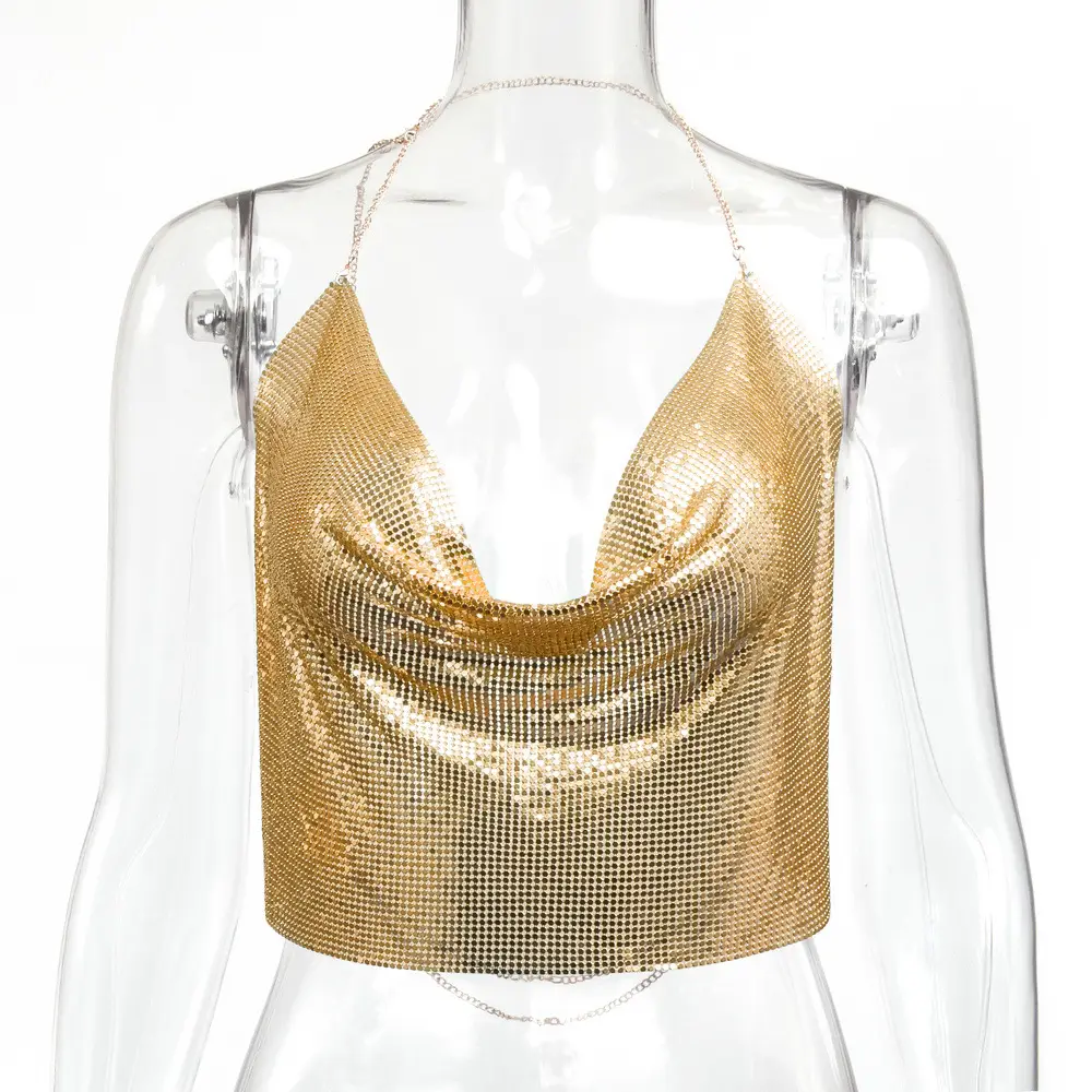 Golden Sequin Backless Halter Strap Top - Image 4