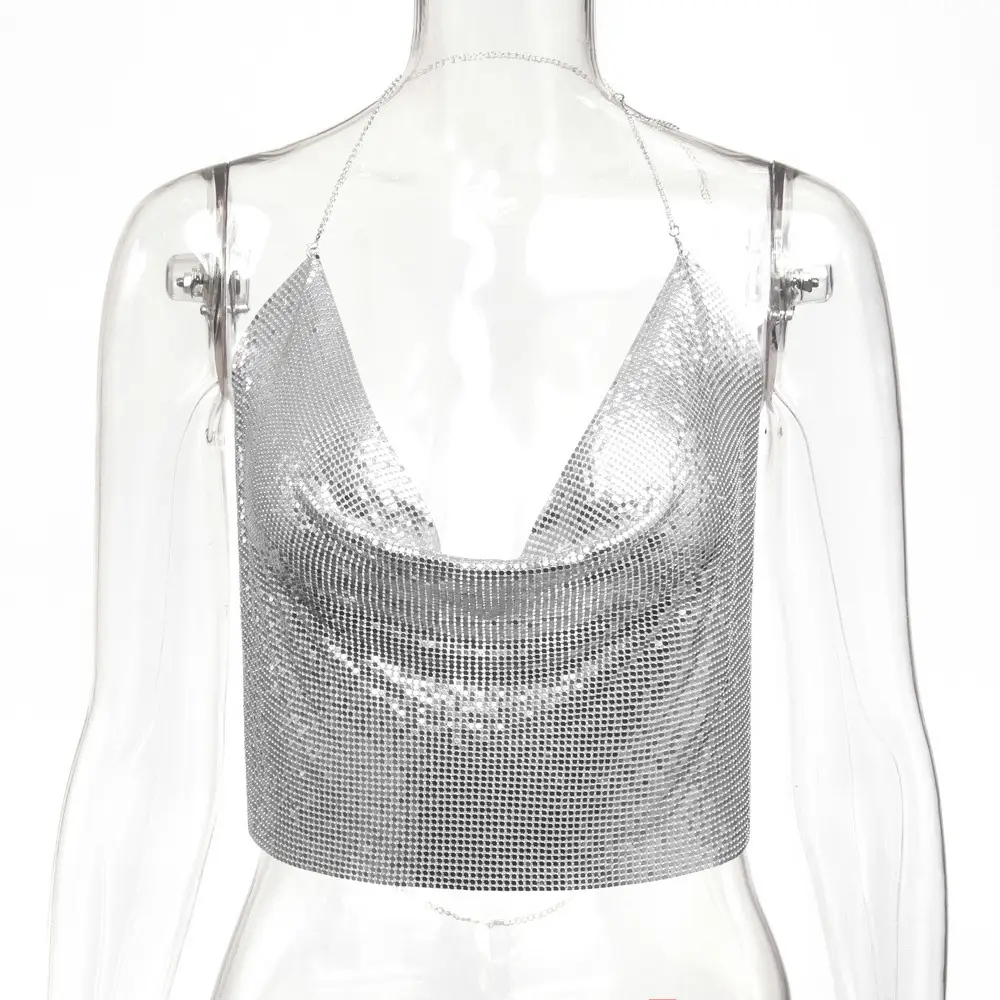 Golden Sequin Backless Halter Strap Top - Image 5