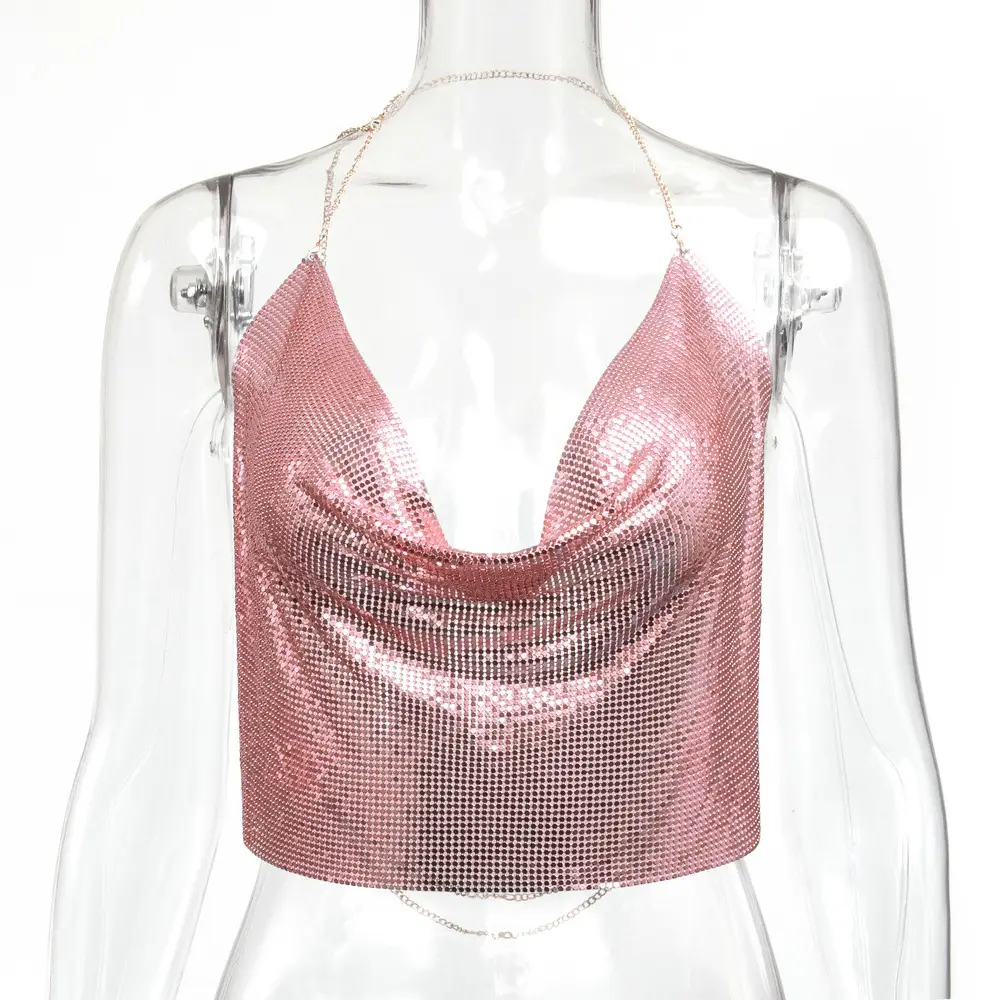 Golden Sequin Backless Halter Strap Top - Image 6