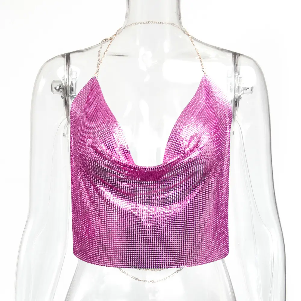 Golden Sequin Backless Halter Strap Top - Image 7
