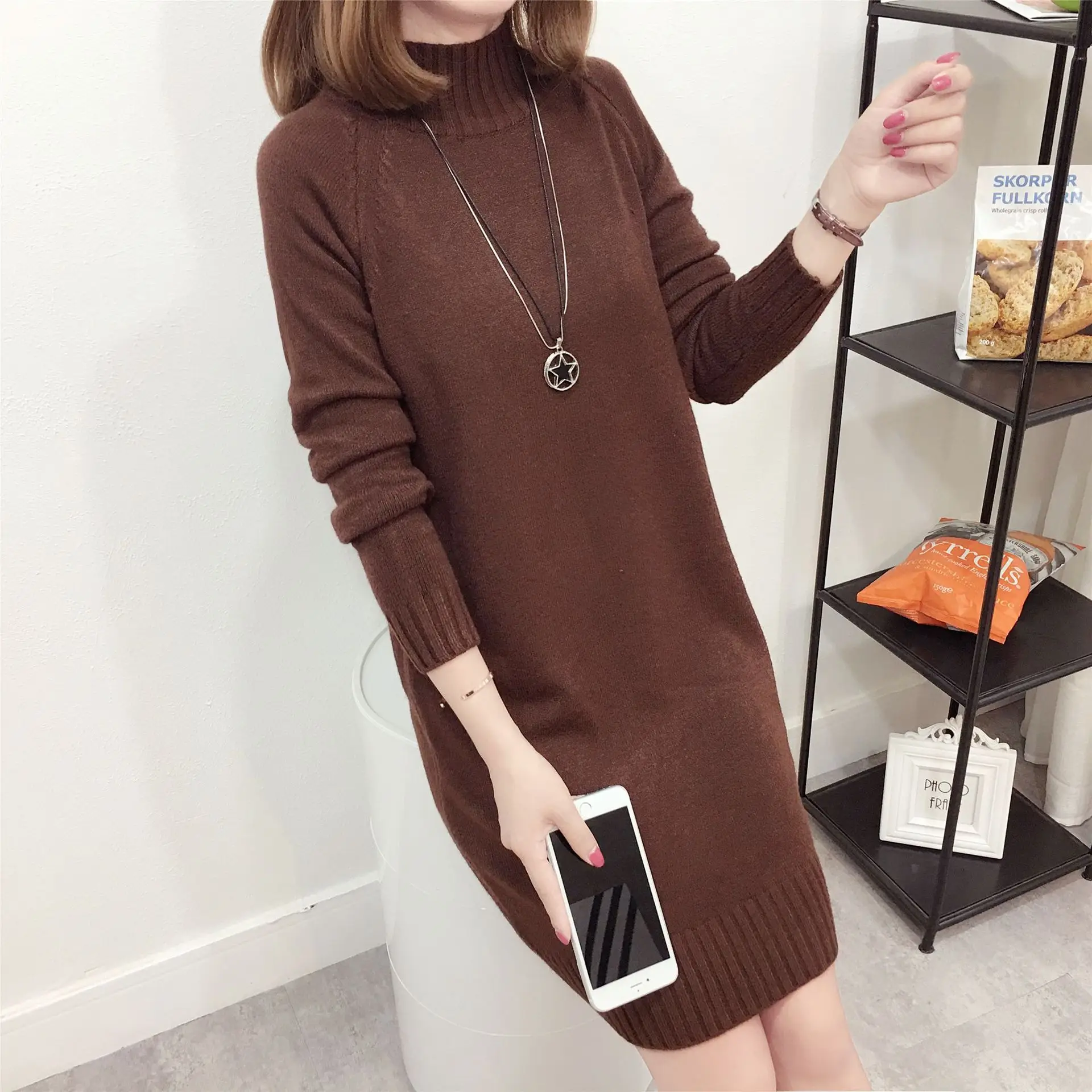 Women Knitted Half Turtleneck Dress Beige Mid-Length - Image 8