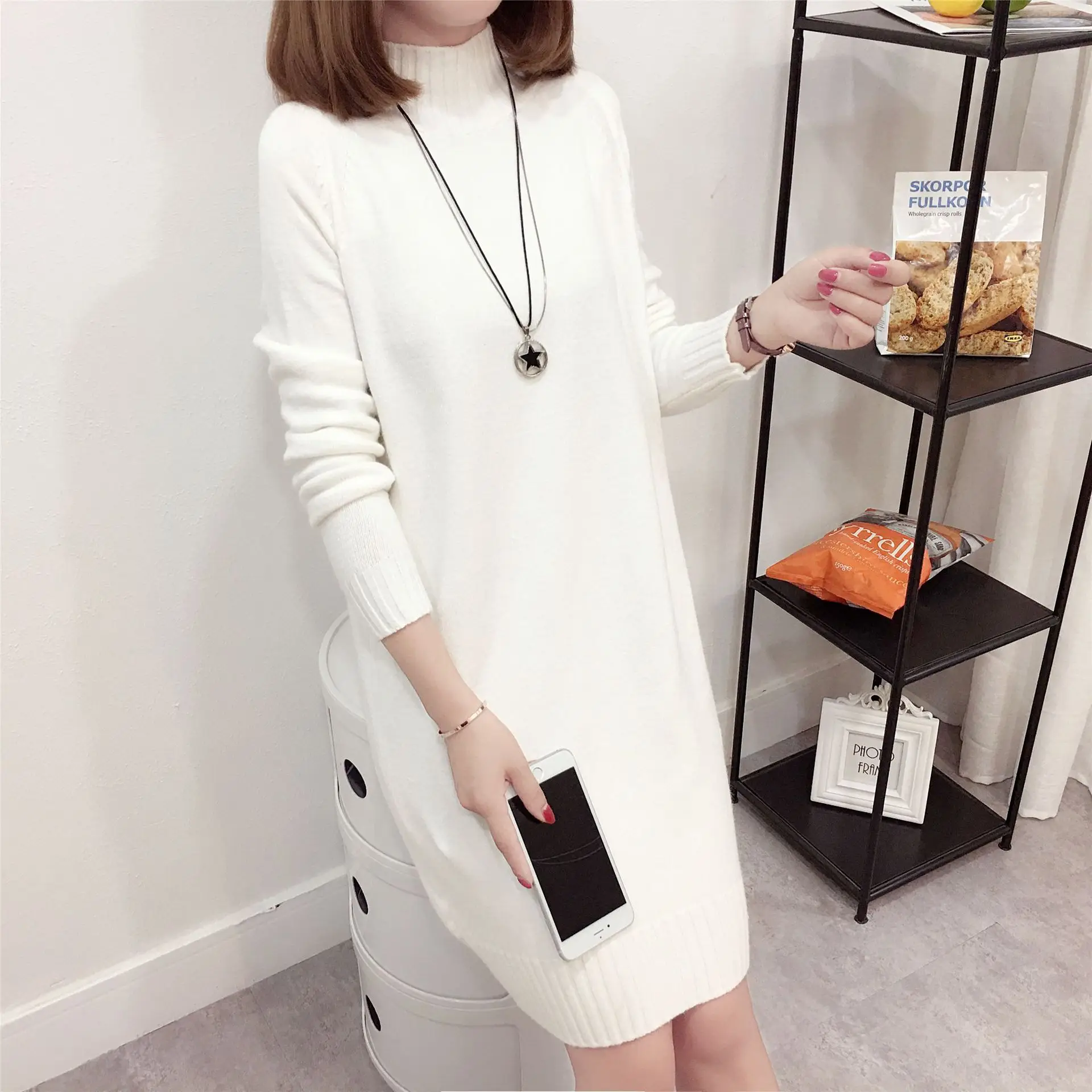 Women Knitted Half Turtleneck Dress Beige Mid-Length - Image 10