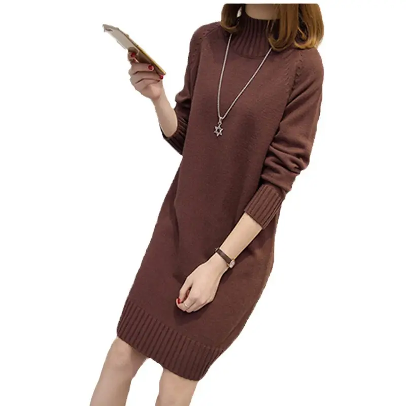 Women Knitted Half Turtleneck Dress Beige Mid-Length - Image 11