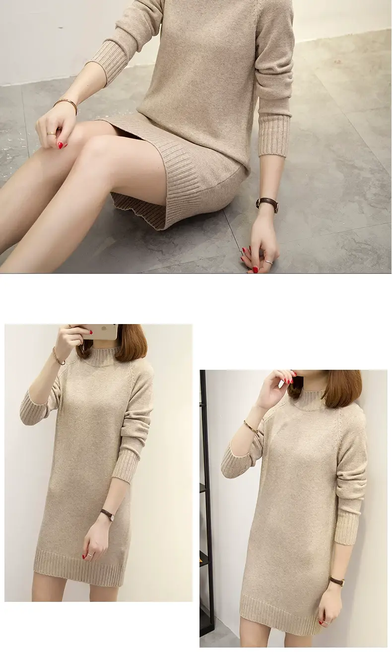 Women Knitted Half Turtleneck Dress Beige Mid-Length — feature 35