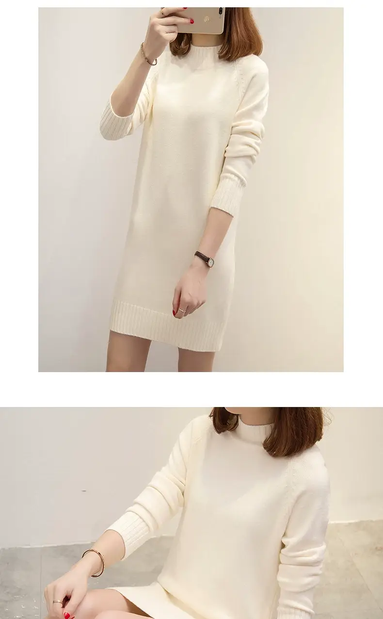 Women Knitted Half Turtleneck Dress Beige Mid-Length — feature 37