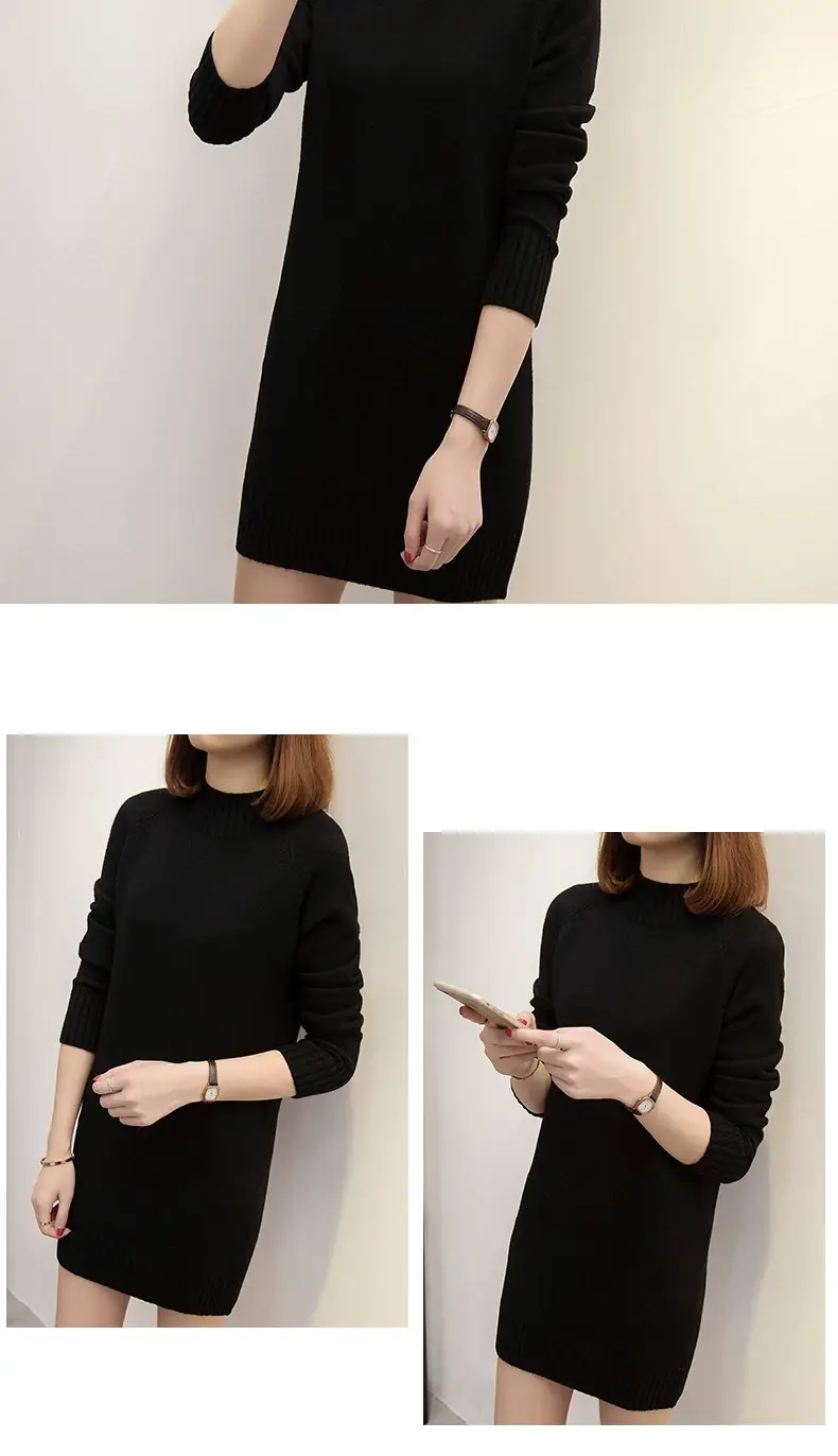 Women Knitted Half Turtleneck Dress Beige Mid-Length — feature 38