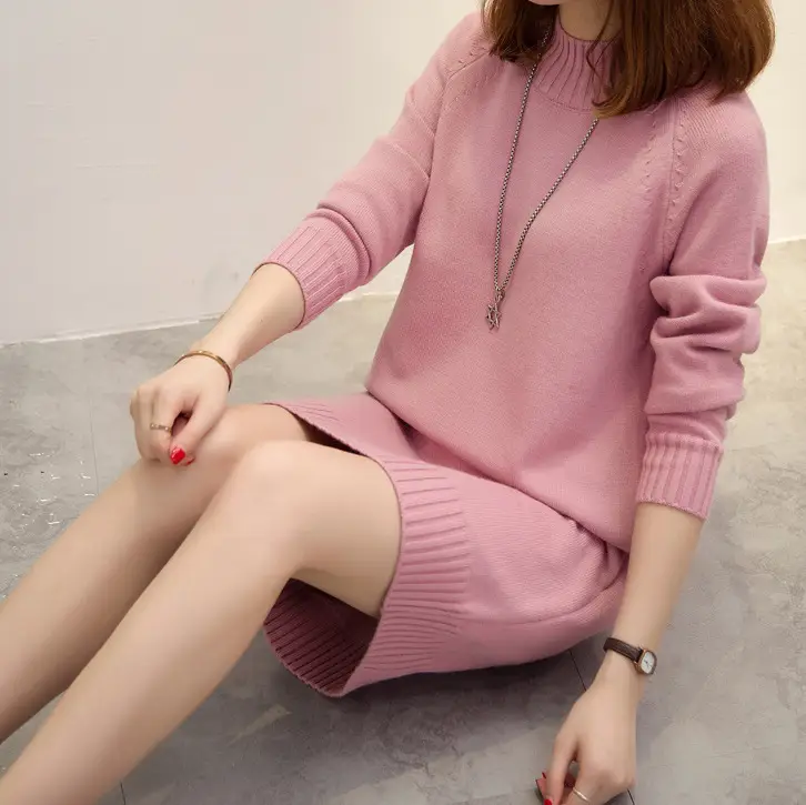 Women Knitted Half Turtleneck Dress Beige Mid-Length - Image 2