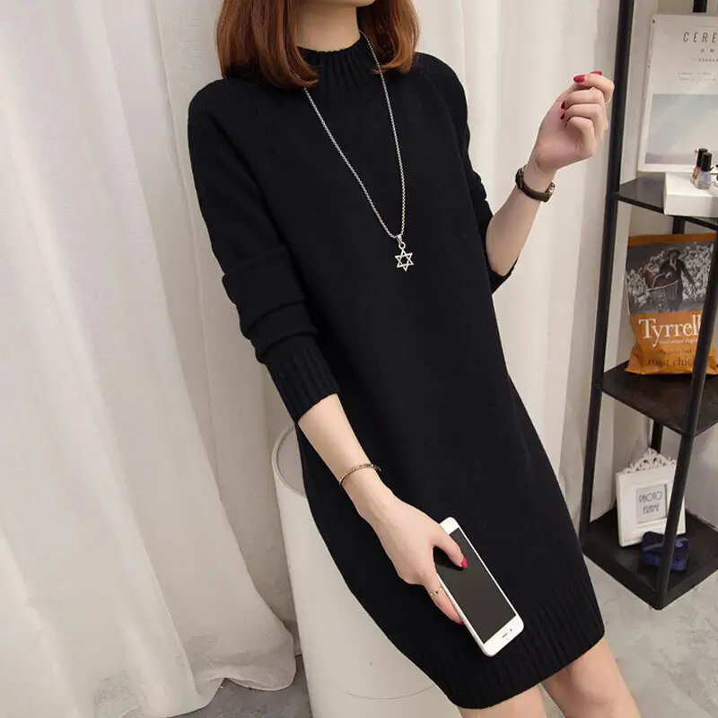 Women Knitted Half Turtleneck Dress Beige Mid-Length - Image 3