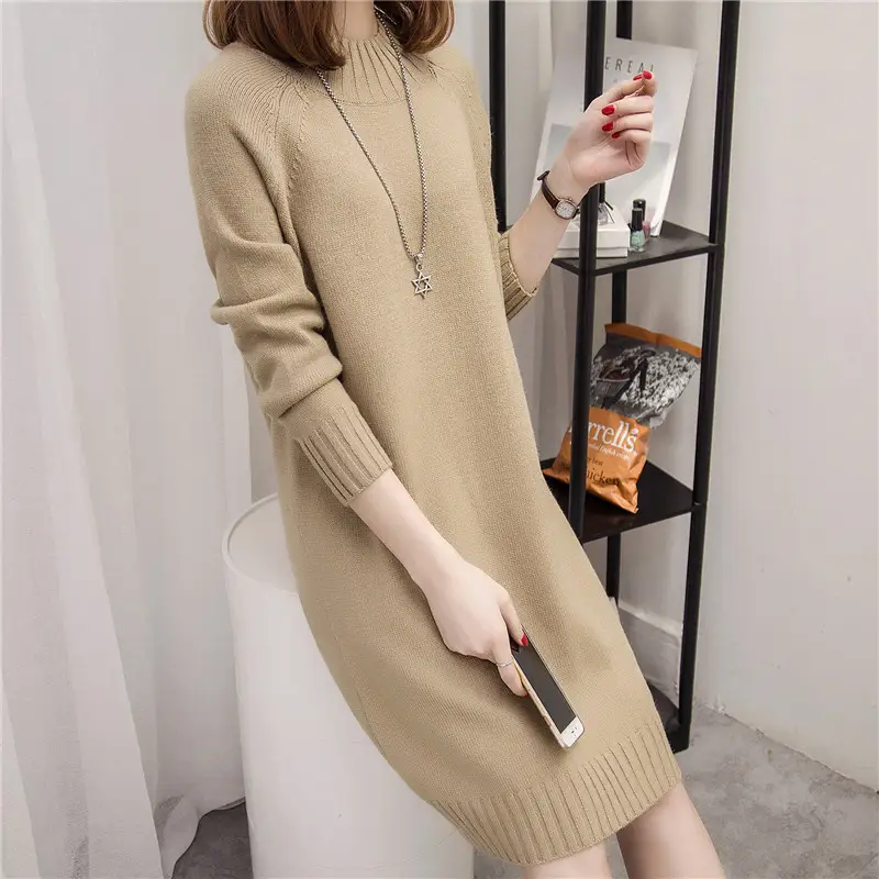 Women Knitted Half Turtleneck Dress Beige Mid-Length - Image 4