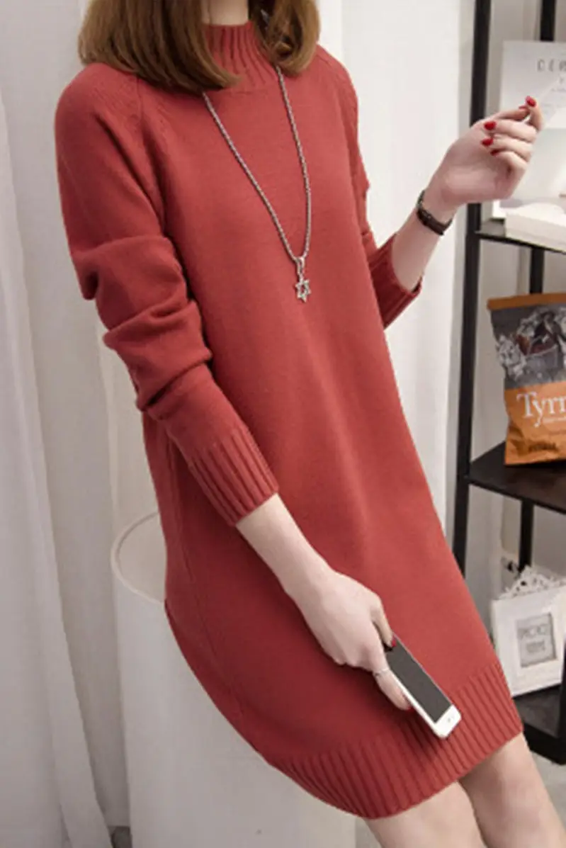 Women Knitted Half Turtleneck Dress Beige Mid-Length - Image 5
