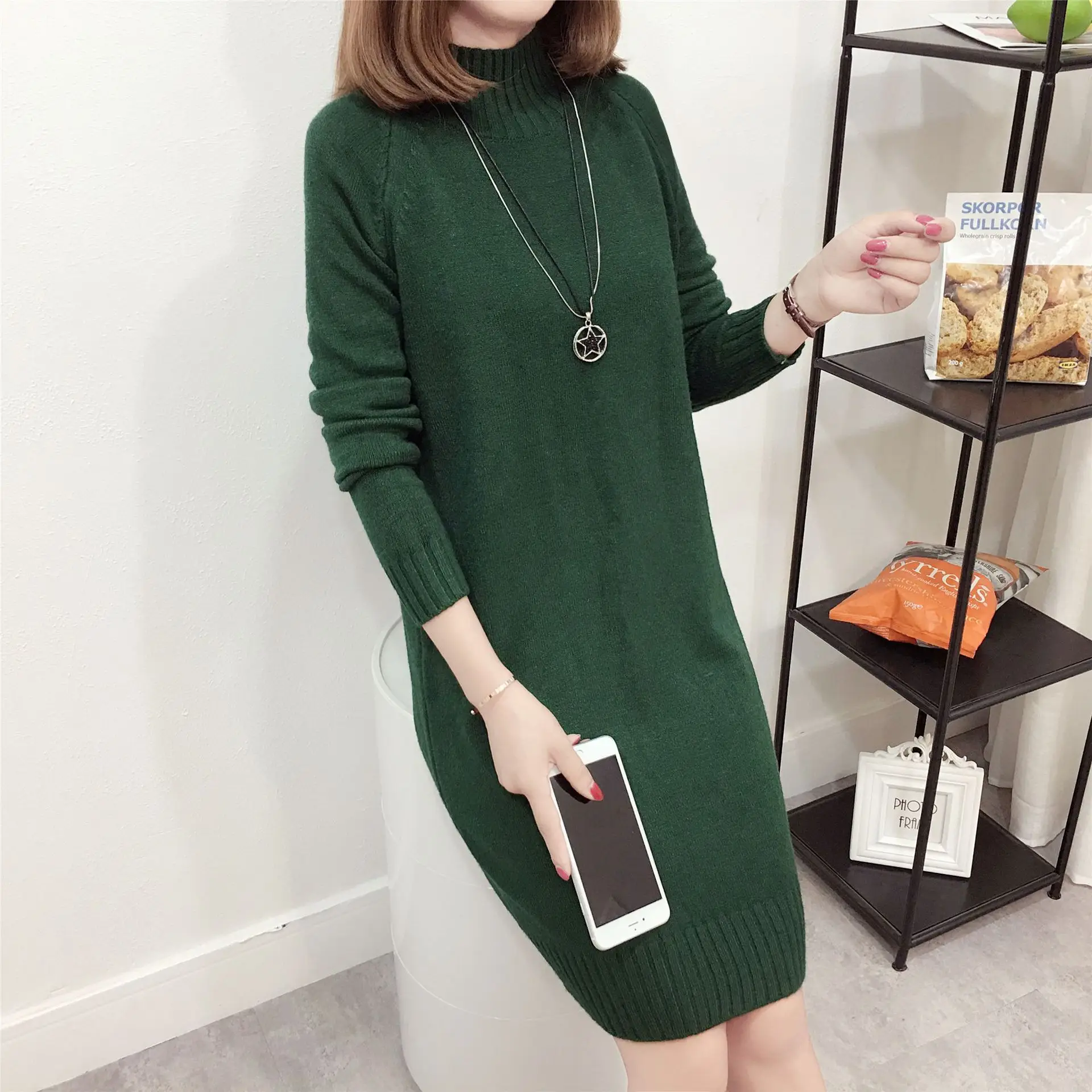 Women Knitted Half Turtleneck Dress Beige Mid-Length - Image 6