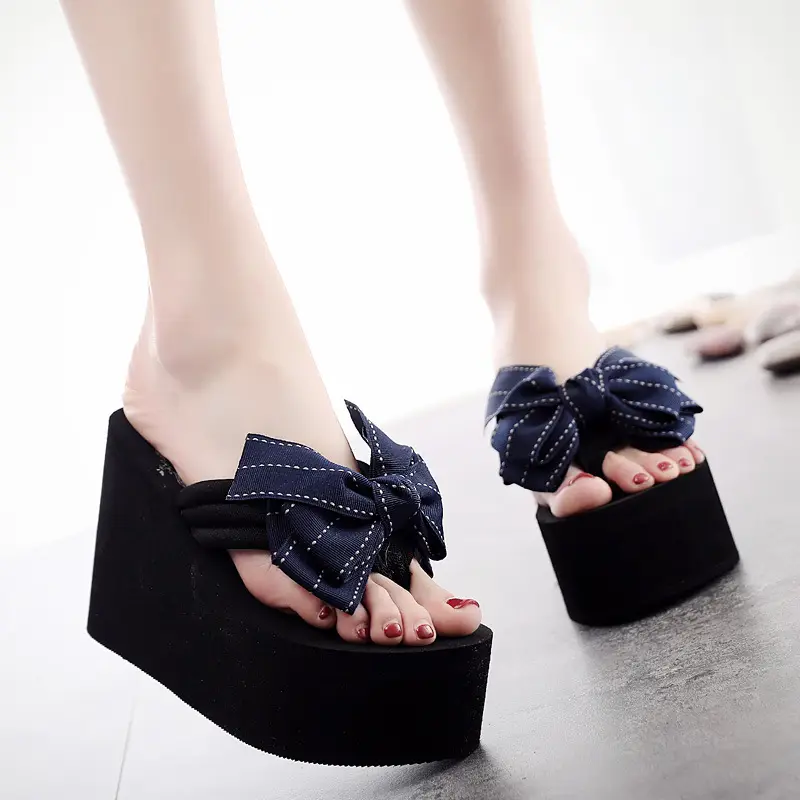 Shining 2025 New Style 11cm Super High Heel Beach Flip Flops Cute Fashionable Bow Outer Wear Thick-Soled Slippers