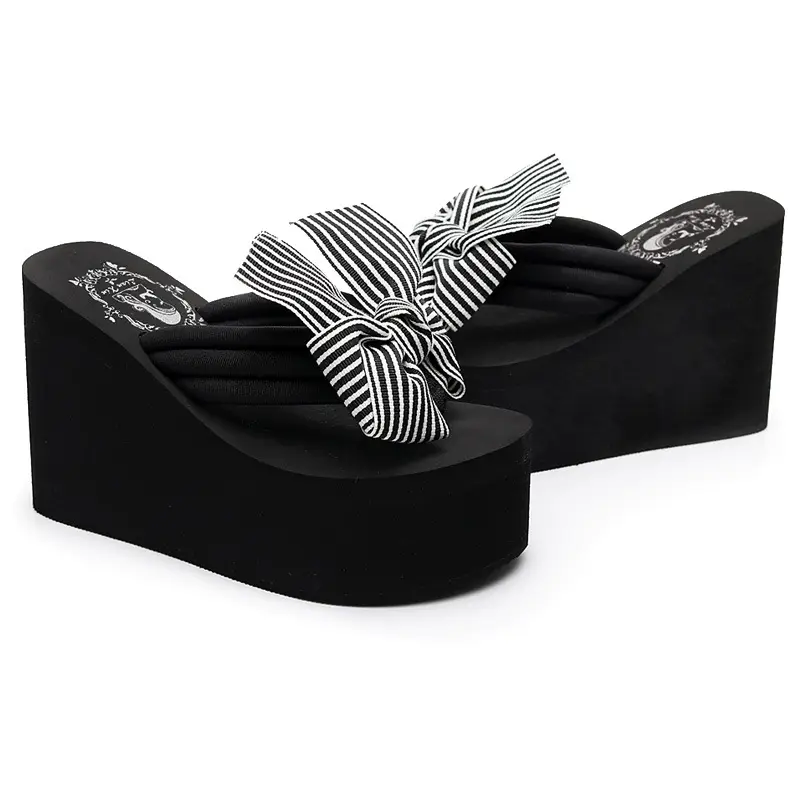 Shining 2025 New Style 11cm Super High Heel Beach Flip Flops Cute Fashionable Bow Outer Wear Thick-Soled Slippers