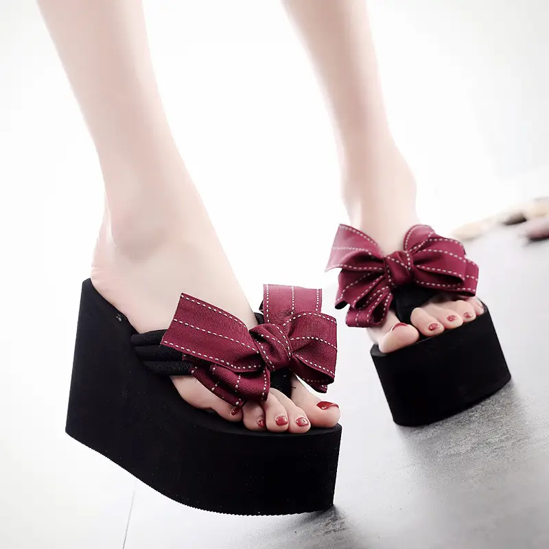 Shining 2025 New Style 11cm Super High Heel Beach Flip Flops Cute Fashionable Bow Outer Wear Thick-Soled Slippers