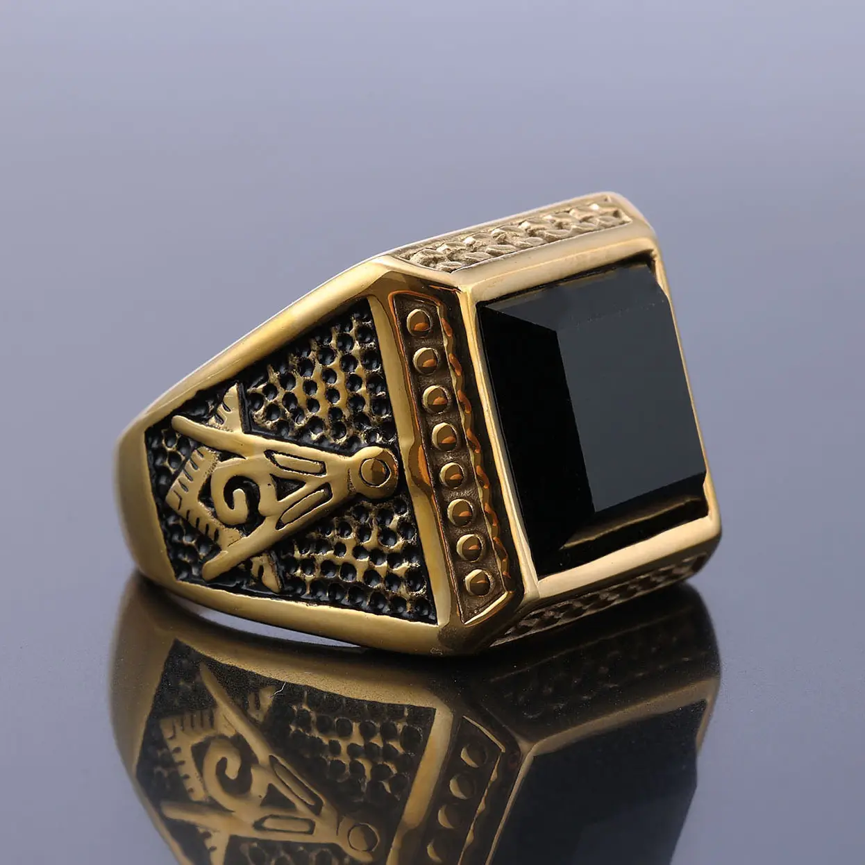 Titanium Men's Masonic Black Gemstone Ring with Ag Logo