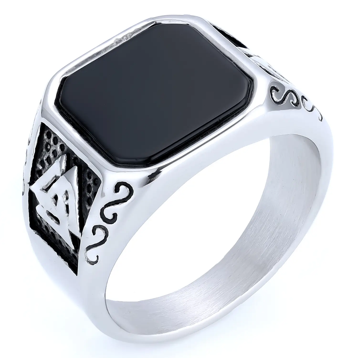 Titanium Men's Masonic Black Gemstone Ring with Ag Logo — feature 10