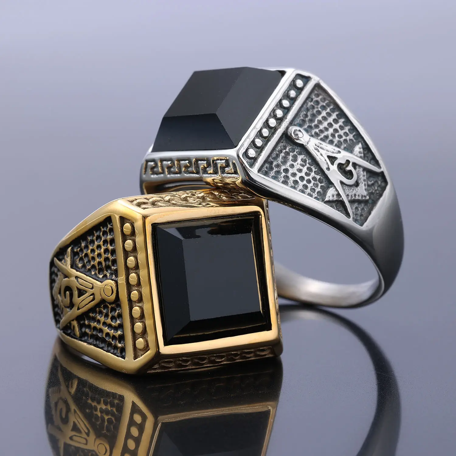 Titanium Men's Masonic Black Gemstone Ring with Ag Logo — feature 12