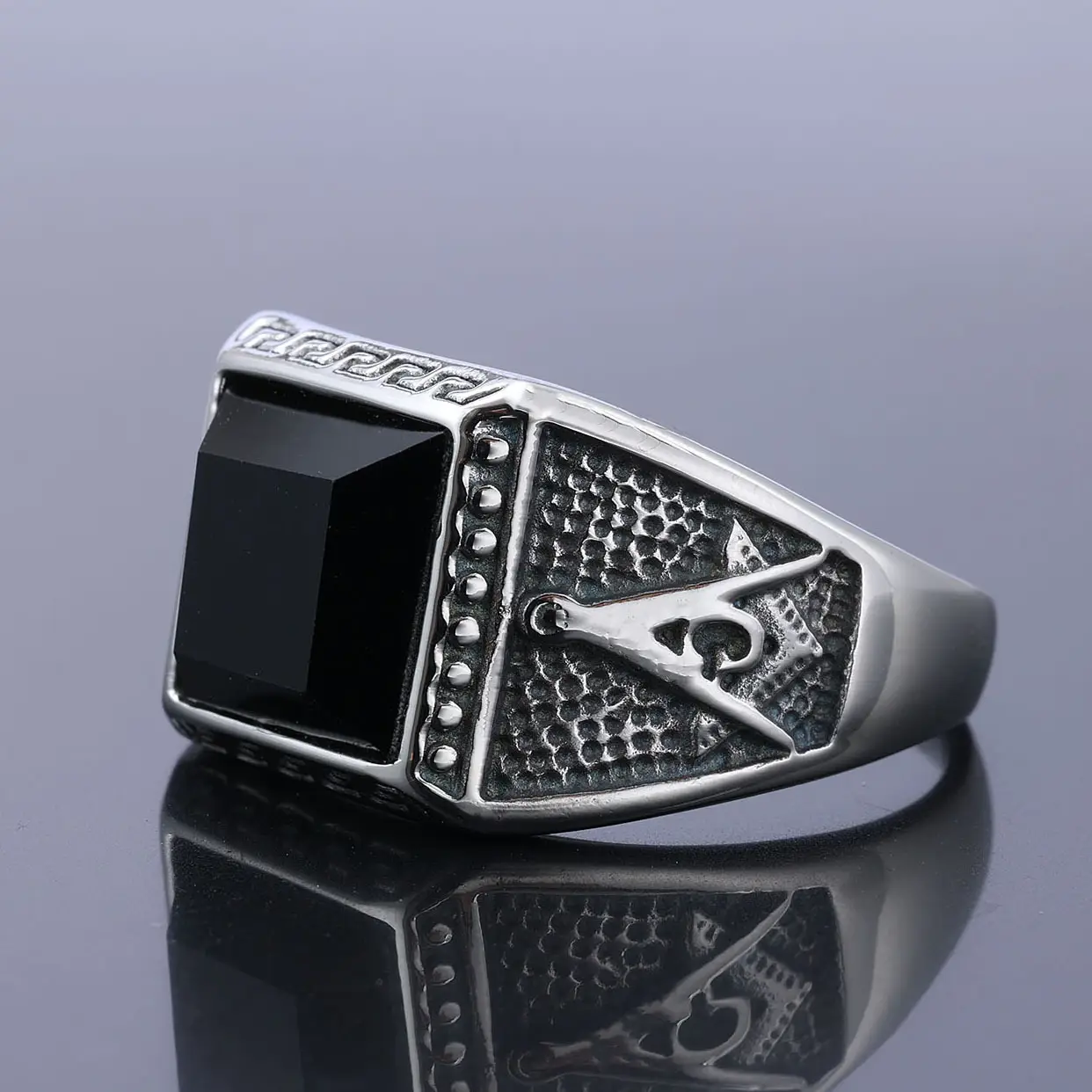Titanium Men's Masonic Black Gemstone Ring with Ag Logo — feature 14