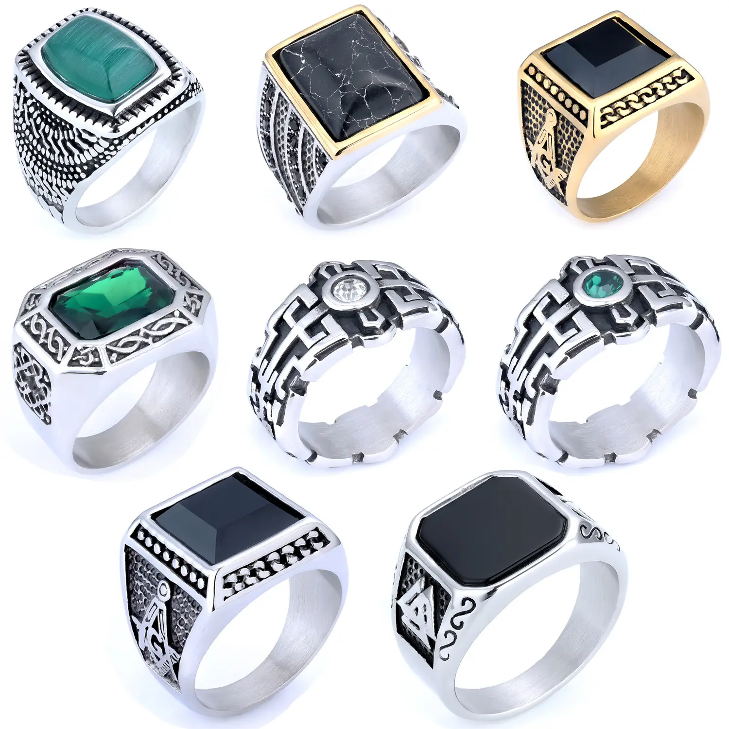 Titanium Men's Masonic Black Gemstone Ring with Ag Logo — feature 2