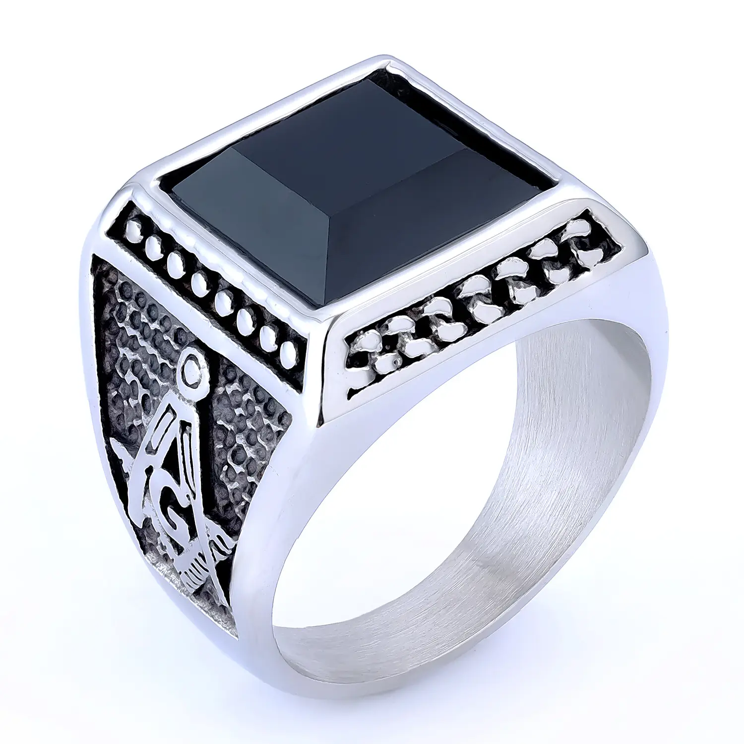 Titanium Men's Masonic Black Gemstone Ring with Ag Logo — feature 5