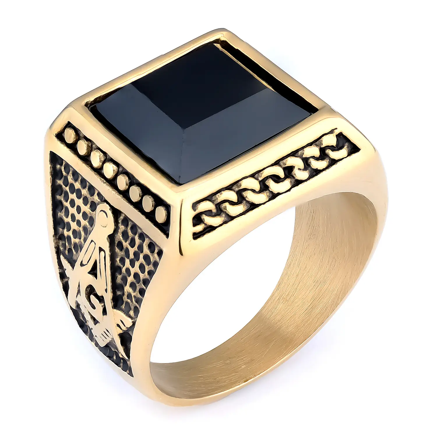 Titanium Men's Masonic Black Gemstone Ring with Ag Logo — feature 6
