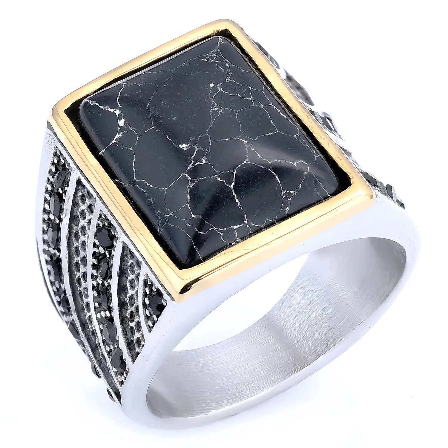 Titanium Men's Masonic Black Gemstone Ring with Ag Logo