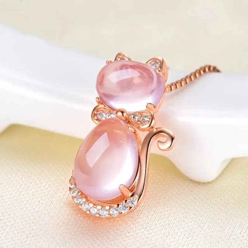 Rose Gold Cat Pendant Necklace with Pink Crystal - Image 2