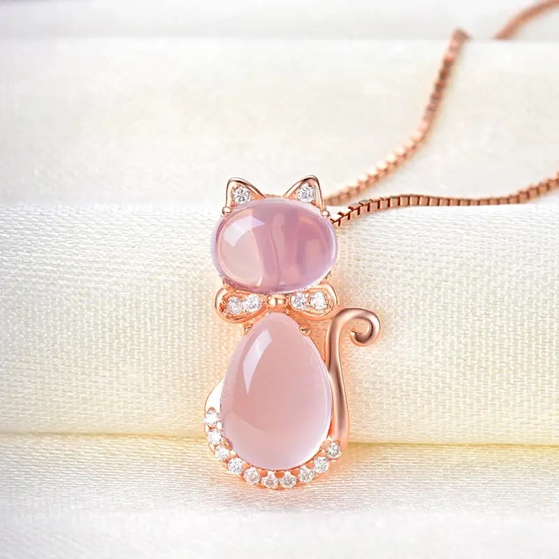 Rose Gold Cat Pendant Necklace with Pink Crystal - Image 3
