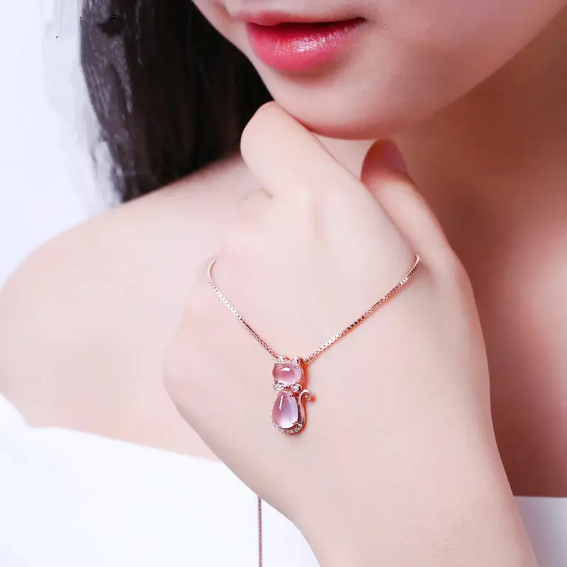 Rose Gold Cat Pendant Necklace with Pink Crystal - Image 4