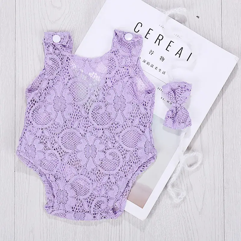 Lace Hollow Climbing Suit for Newborns Purple Bow - Image 3