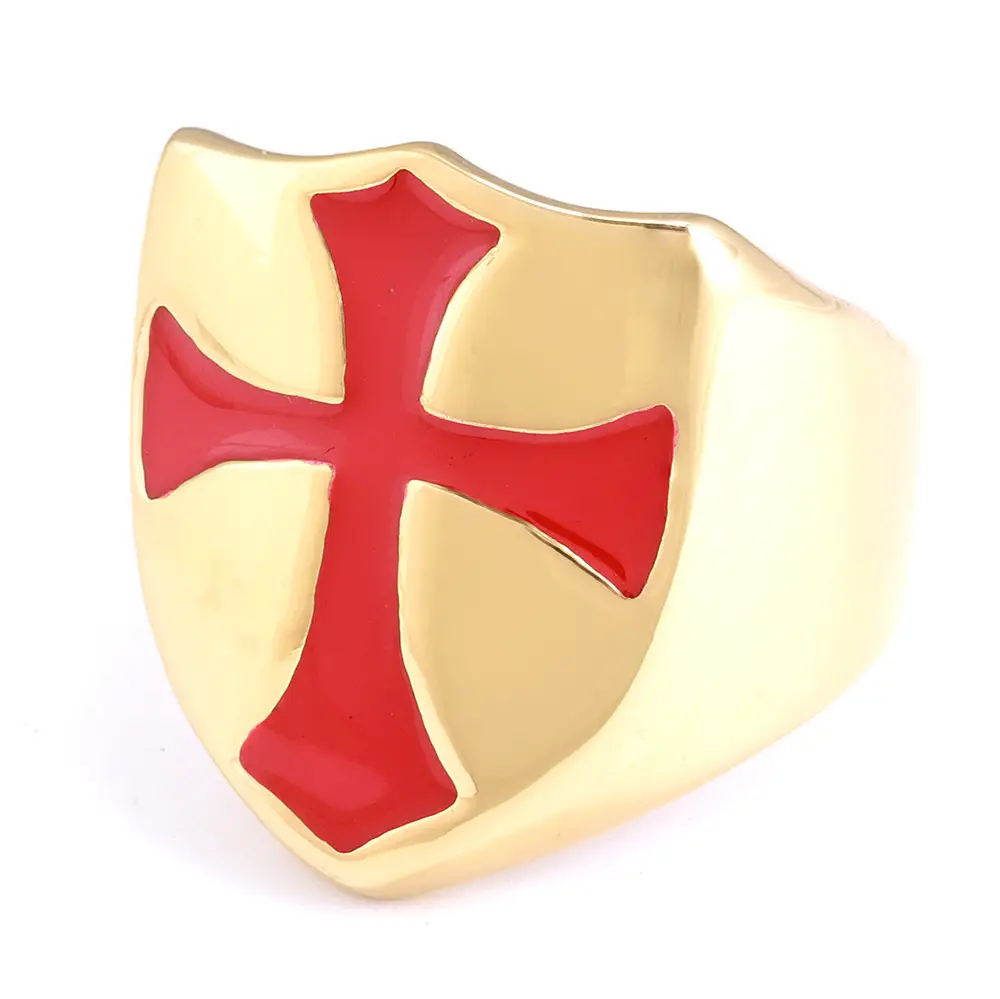 Gold Cross Men's Ring Red Enamel Square Design