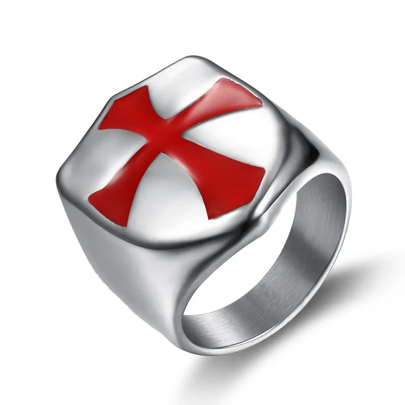 Gold Cross Men's Ring Red Enamel Square Design