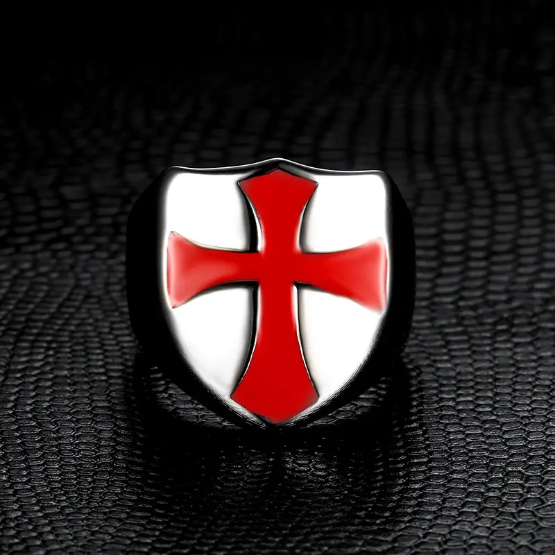 Gold Cross Men's Ring Red Enamel Square Design — feature 10