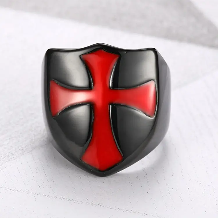 Gold Cross Men's Ring Red Enamel Square Design — feature 11