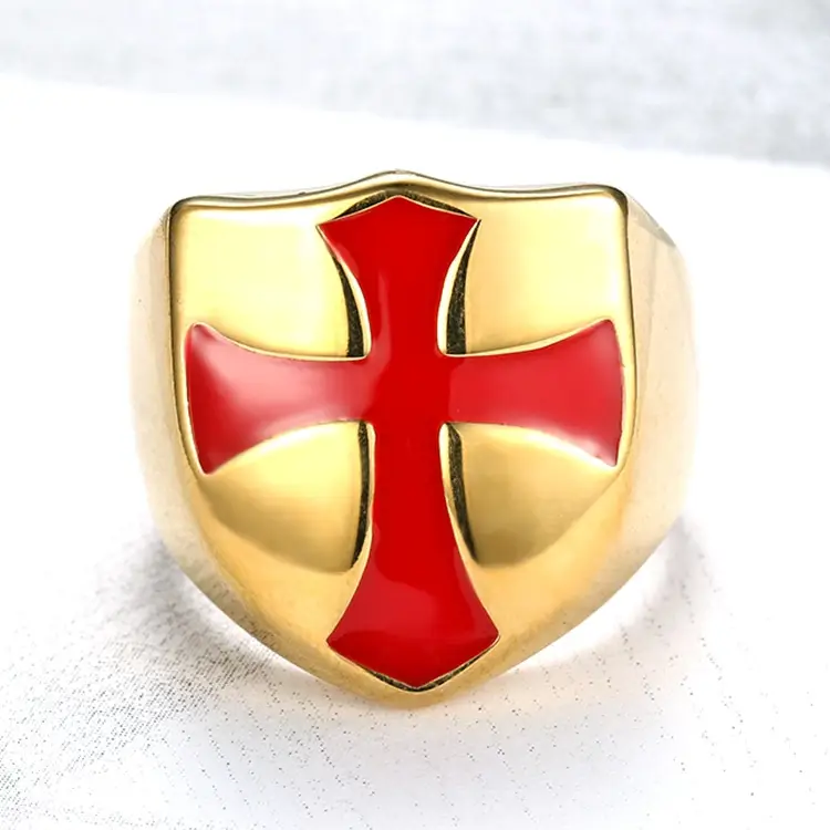 Gold Cross Men's Ring Red Enamel Square Design — feature 12