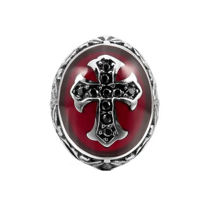 Gold Cross Men's Ring Red Enamel Square Design — feature 13
