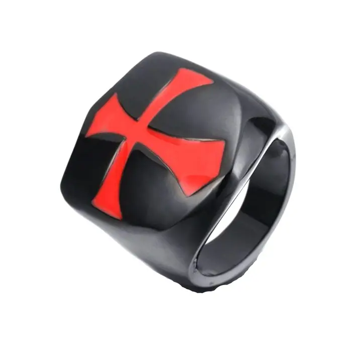 Gold Cross Men's Ring Red Enamel Square Design — feature 14