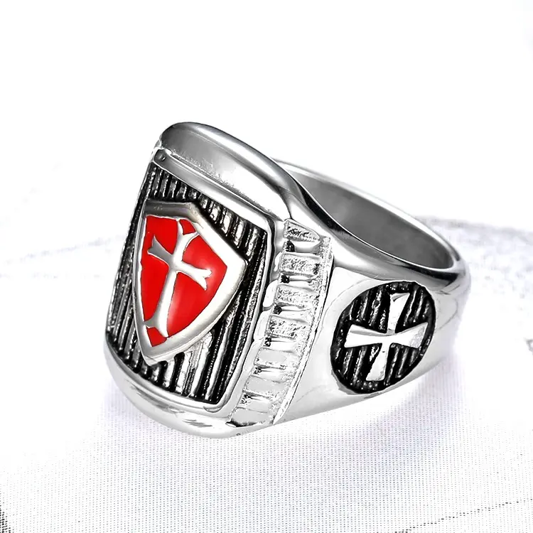 Gold Cross Men's Ring Red Enamel Square Design — feature 16